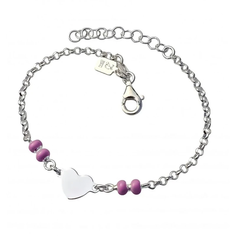 Pulsera Plata Ley 925m niña cadena rolo 14 cm. corazón liso 8 mm. bol