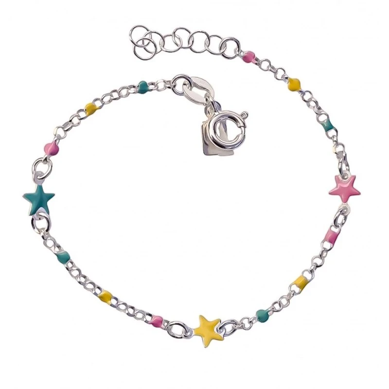 Pulsera Plata Ley 925m niña cadena rolo 14 cm. estrellas esmaltadas 5