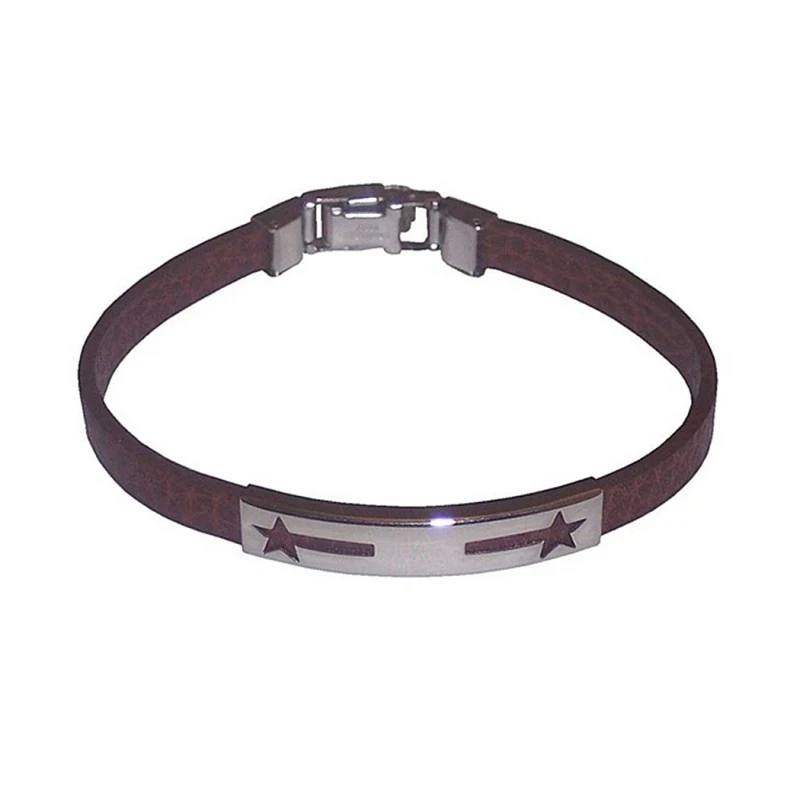 Pulsera acero inoxidable 20cm. piel marrón chapa motivos estrellas