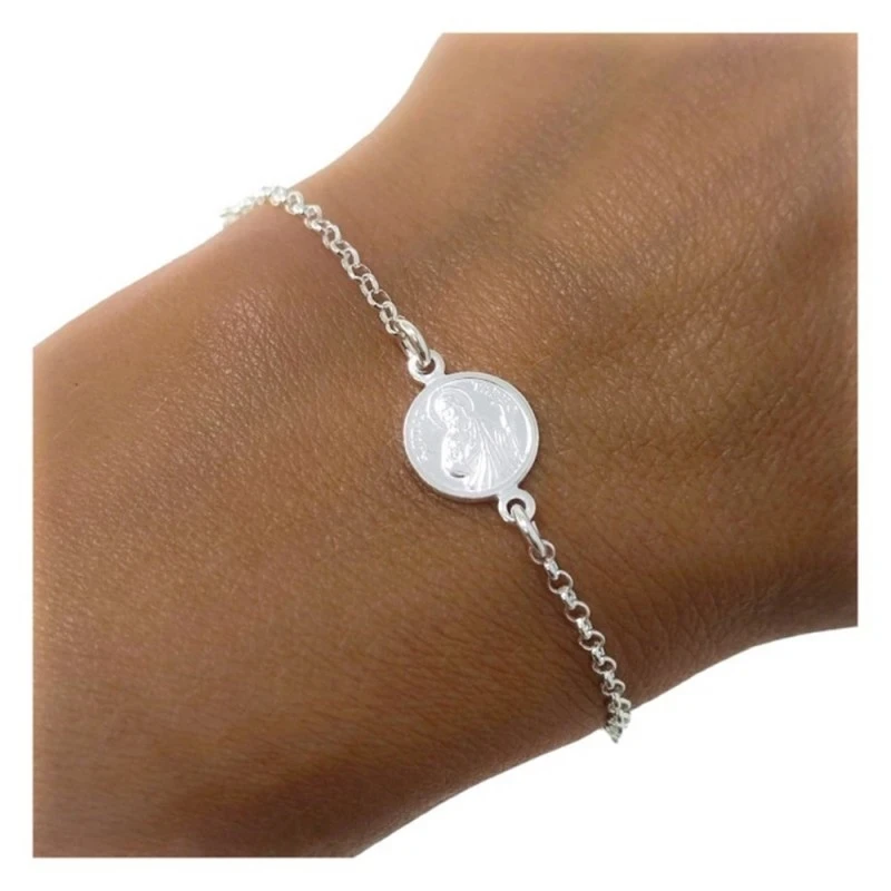San Judas Tadeo Pulsera Plata Ley 925m discos 10 mm. cadena rolo 19 c