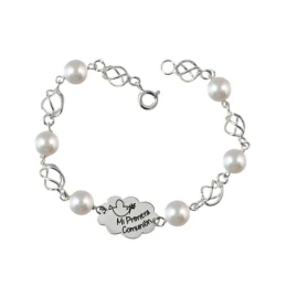 Pulsera plata Ley 925m primera comunión 16.5cm. perlas redondas jaulas cierre reasa niña