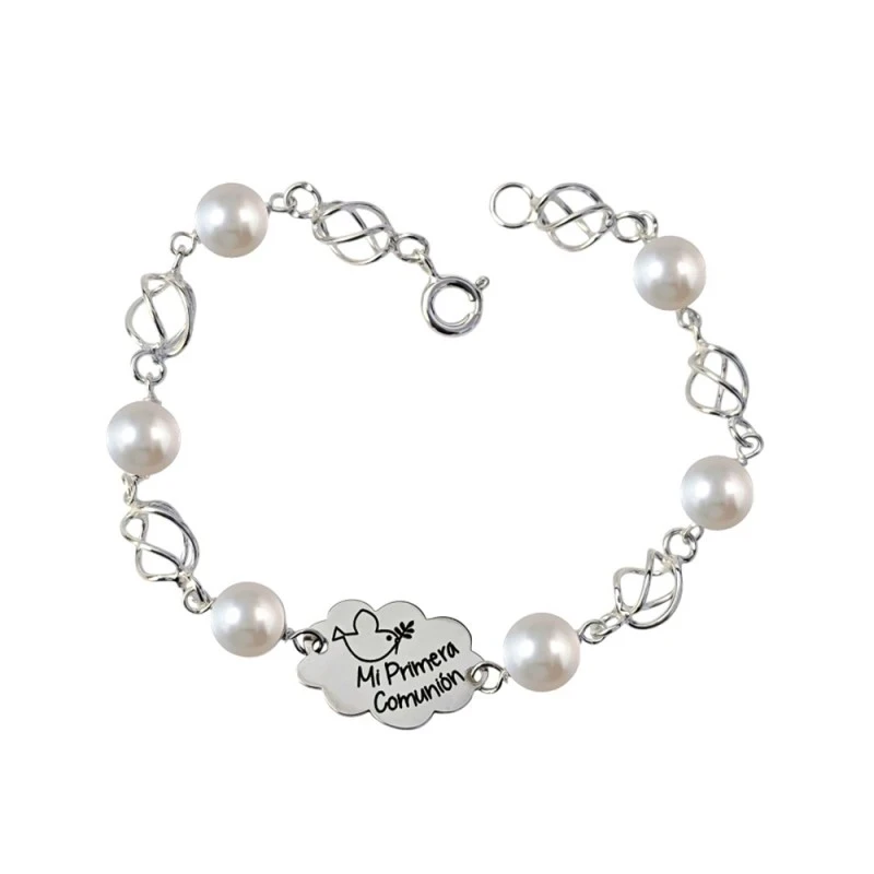 Pulsera plata Ley 925m primera comunión 16.5cm. perlas redondas jaulas cierre reasa niña