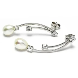 Pendientes oro blanco 18k largos perla cultivada circonita [402]