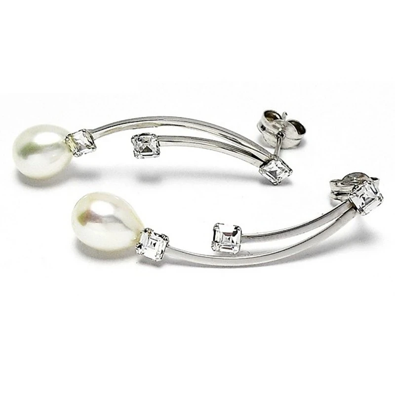 Pendientes oro blanco 18k largos perla cultivada circonita [402]