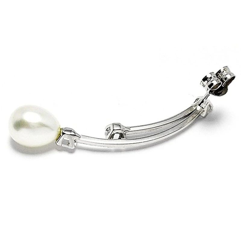 Pendientes oro blanco 18k largos perla cultivada circonita [402]
