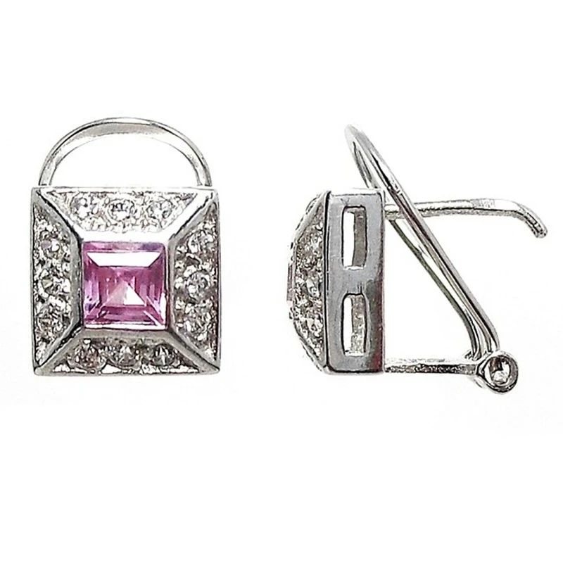 Pendiente oro blanco 18k circonitas piedra rosa [606P]
