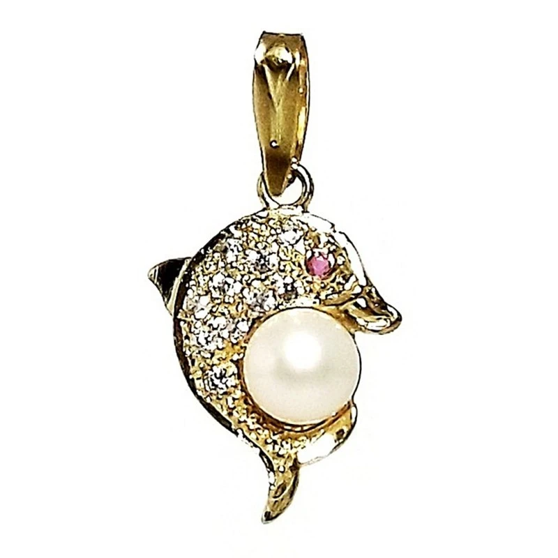Colgante oro 18k delfín circonita rubi perla [247]