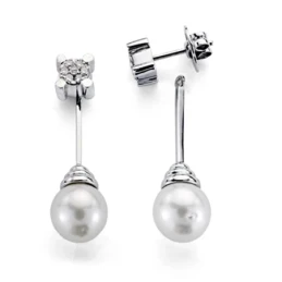 Pendientes oro blanco 18k 7 diamantes brillantes 0,25ct perla [7322]
