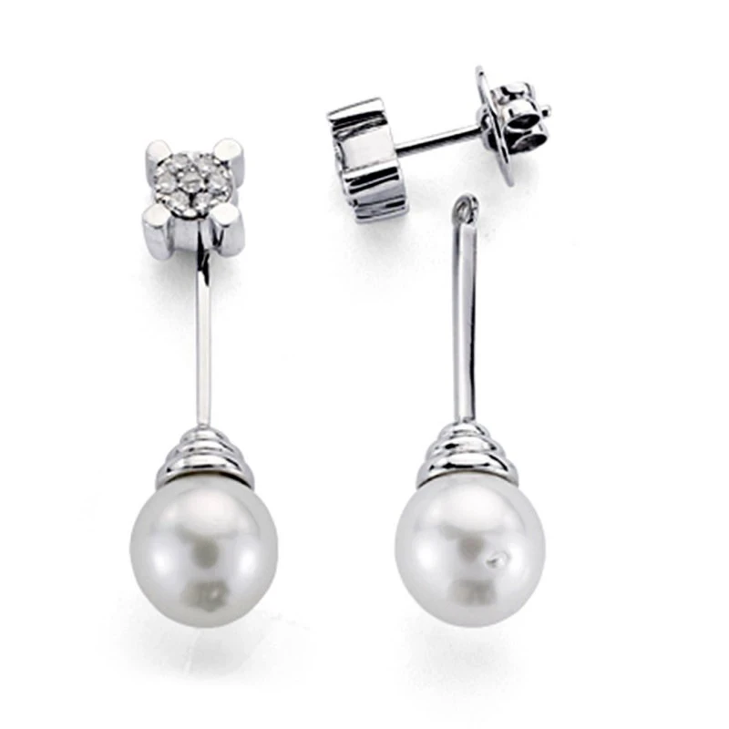 Pendientes oro blanco 18k 7 diamantes brillantes 0,25ct perla [7322]