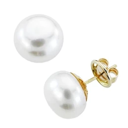 Pendientes oro 18k perla cultivada 12,5mm. cierre presión [7452]