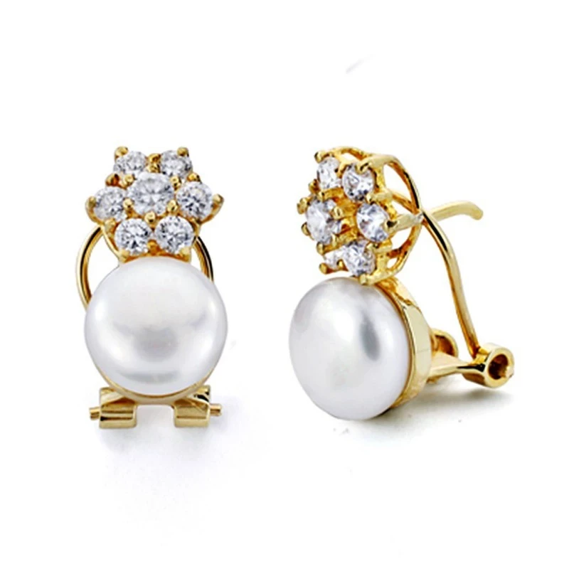 Pendientes oro 18k perla circonitas cierre omega [7485]