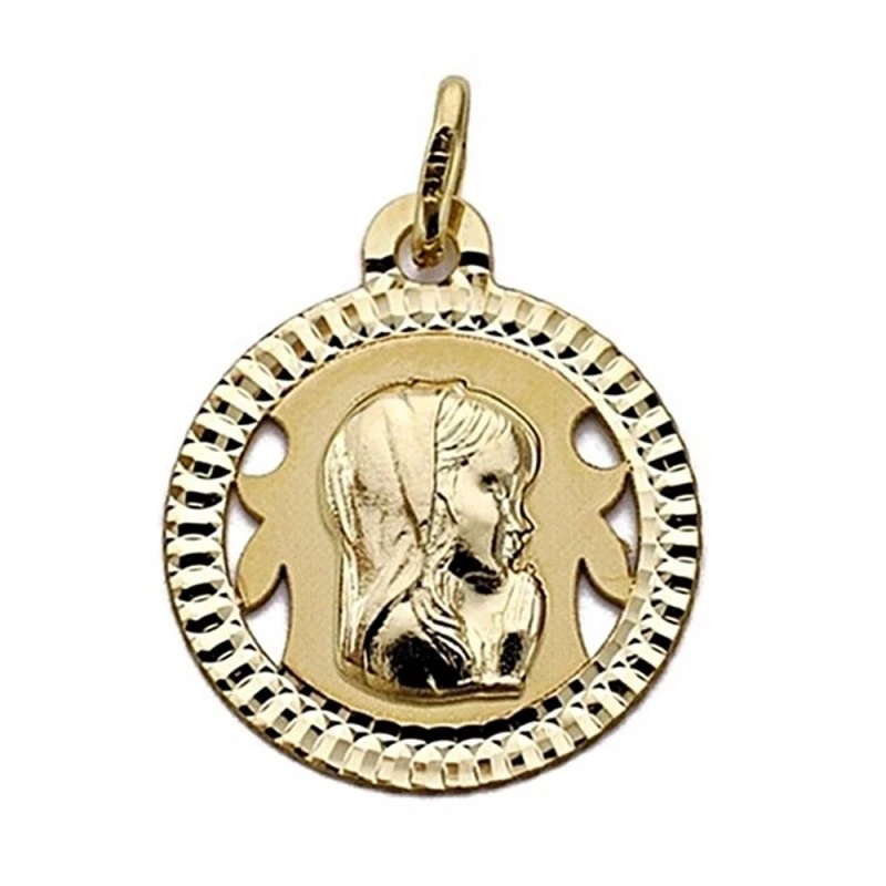 Medalla oro 18k Virgen Niña redonda calada 18mm. [7697]
