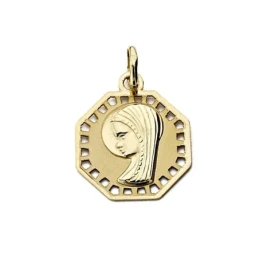 Medalla oro 18k Virgen Nina octagonal calada 17mm. [7698]