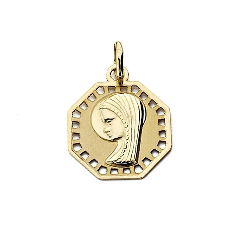 Medalla oro 18k Virgen Nina octagonal calada 17mm. [7698]