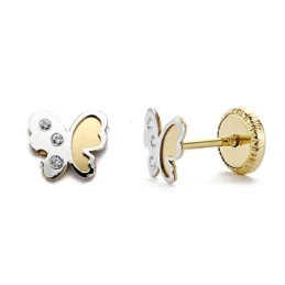 Pendientes oro 18k bicolor mariposa circonitas 5mm. [7708]