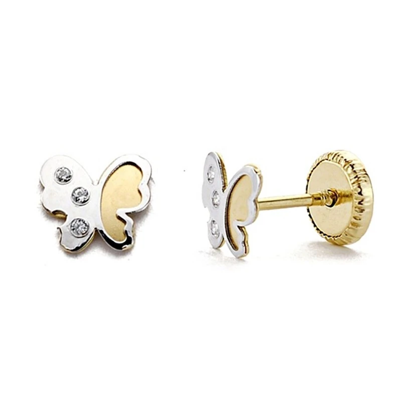 Pendientes oro 18k bicolor mariposa circonitas 5mm. [7708]
