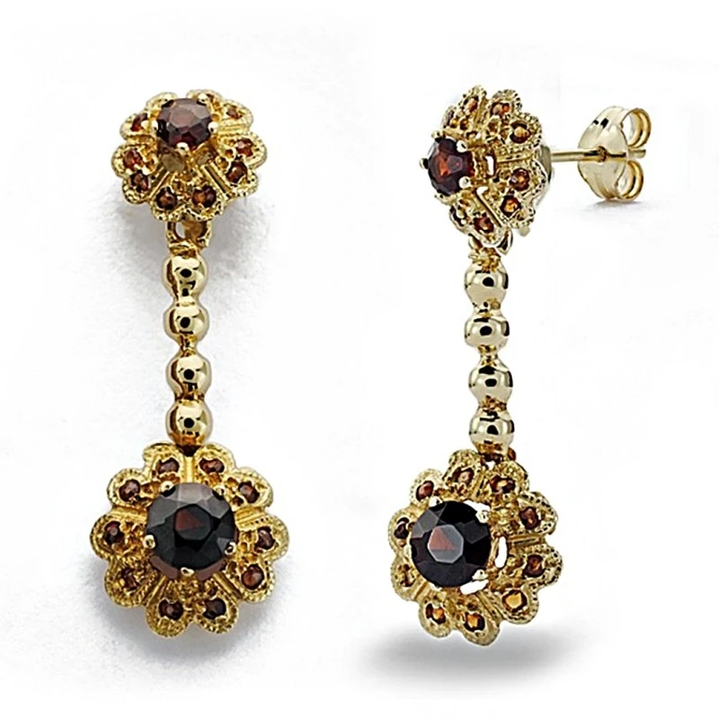 Pendientes oro 18k largos 30mm. granates dos cuajos presión [7929]