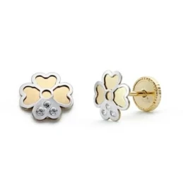 Pendientes oro 18k bicolor trébol 6mm. circonita cierre tuerca [8748]