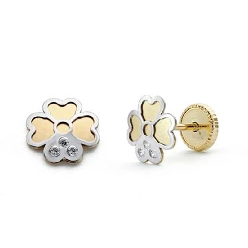 Pendientes oro 18k bicolor trébol 6mm. circonita cierre tuerca [8748]
