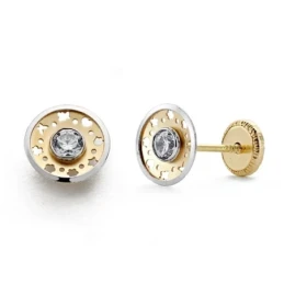 Pendientes oro 18k bicolor redondo 7mm. circonita tornillo [8749]