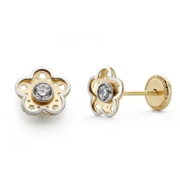 Pendientes oro 18k bicolor flor 7mm. circonita centro [8750]