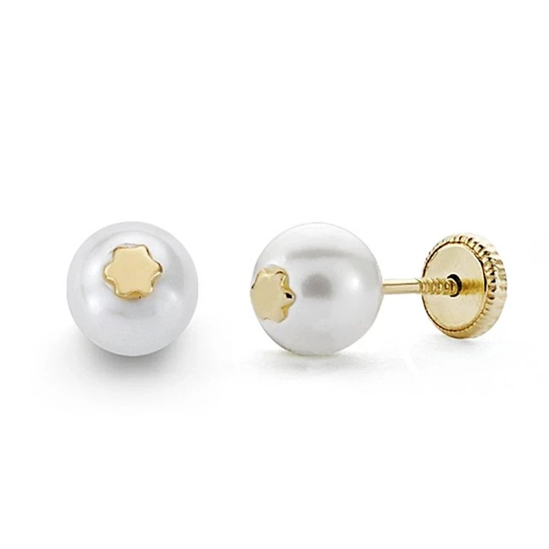 Pendientes oro 18k perla 6mm.  estrella cierre tornillo [8810]