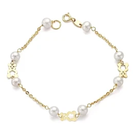 Pulsera oro 18k perlas y ositos comunión 17cm. [9012]