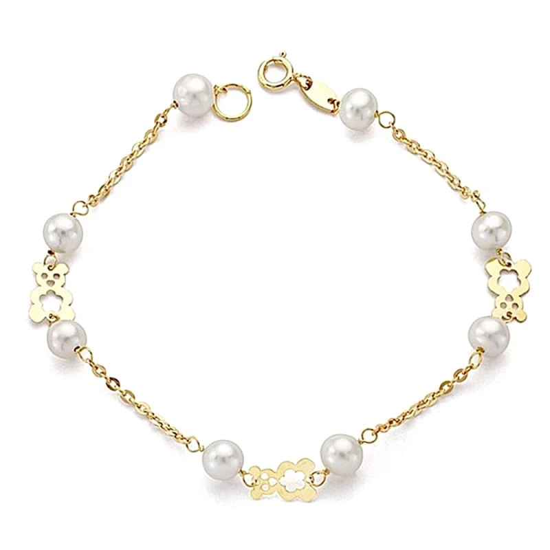 Pulsera oro 18k perlas y ositos comunión 17cm. [9012]