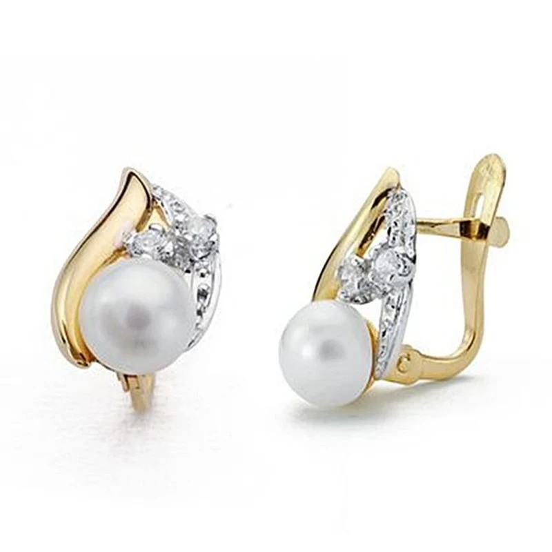 Pendientes oro 18k bicolor perla circonitas 12mm. comunión [9046P]