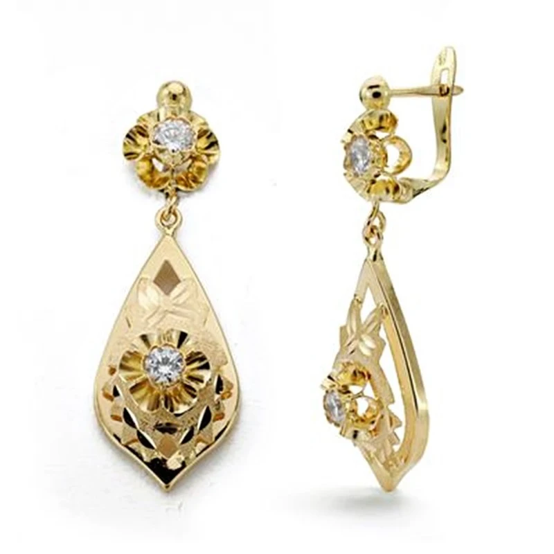 Pendientes oro 18k largos lapidados circonita 31mm. [AA0077]