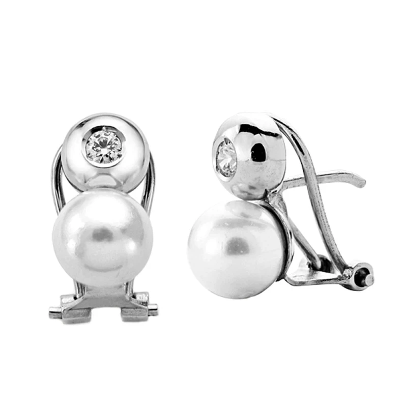 Pendientes oro blanco 18k perla cultivada 7mm. circonita [AA0104]