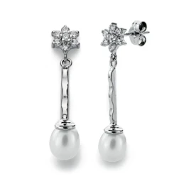Pendientes oro blanco 18k perla 6mm. cuajo largos [AA0143]