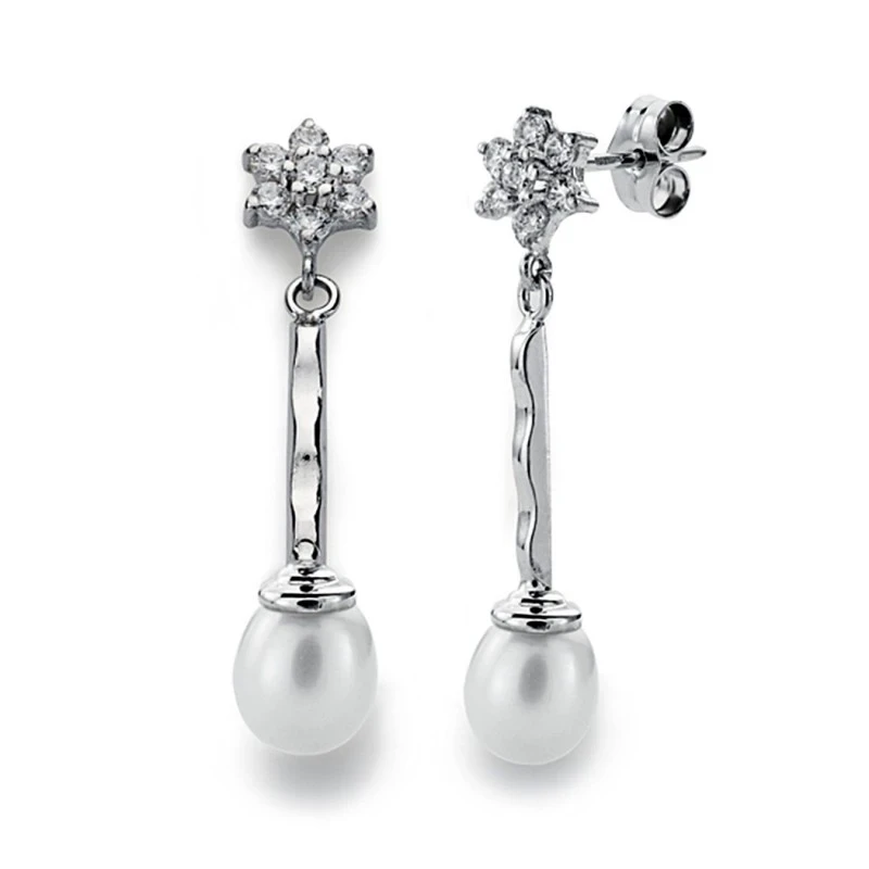 Pendientes oro blanco 18k perla 6mm. cuajo largos [AA0143]