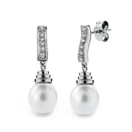 Pendientes oro blanco 18k perla 9mm. circonita lágrima largos [AA0144]