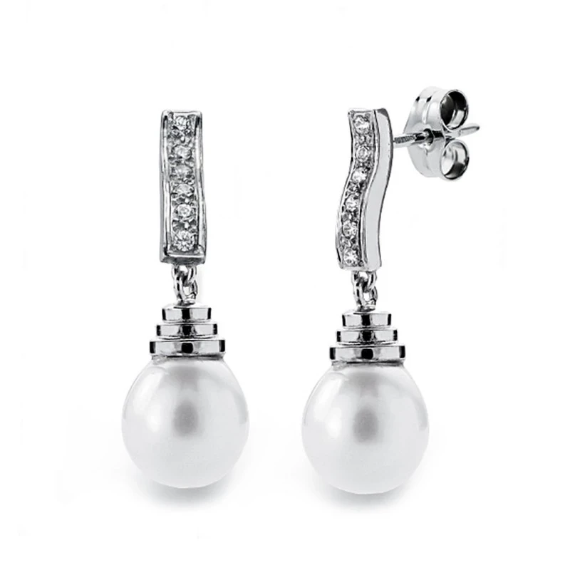 Pendientes oro blanco 18k perla 9mm. circonita lágrima largos [AA0144]