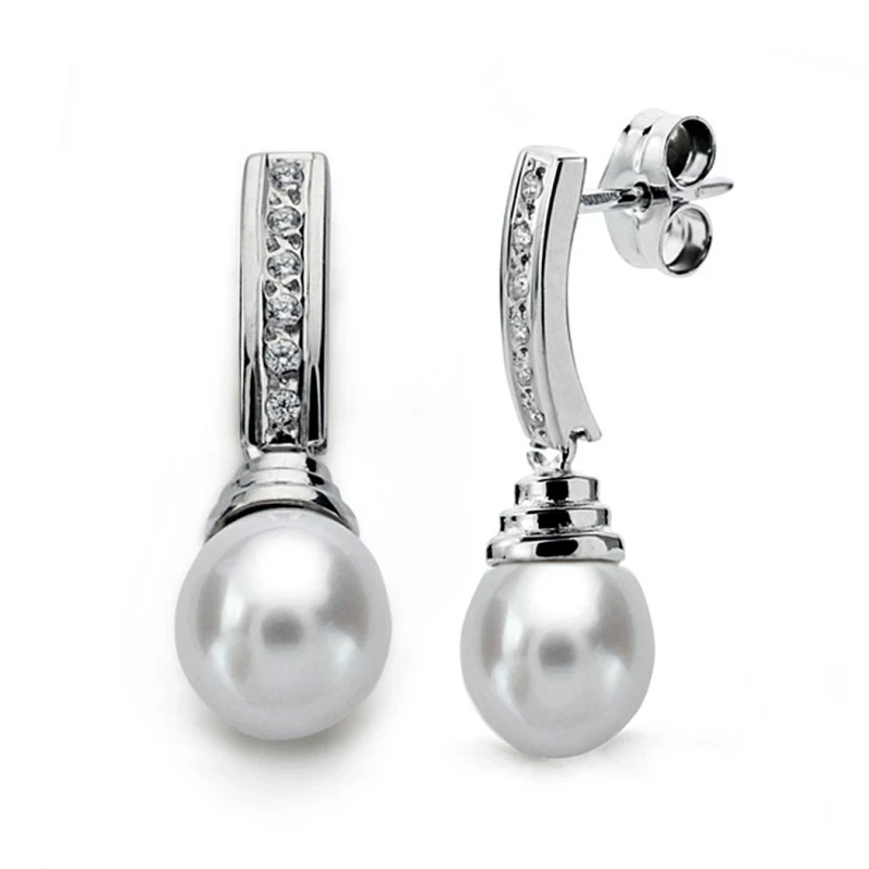 Pendientes oro blanco 18k perla 8mm. largos [AA0151]