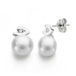 Pendientes oro blanco 18k perlas 7mm. circonitas [AA0233]