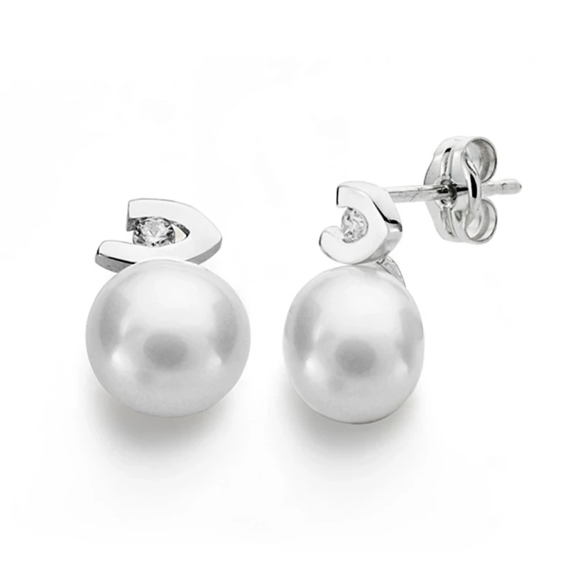 Pendientes oro blanco 18k perlas 7mm. circonitas [AA0233]