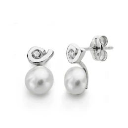 Pendientes oro blanco 18k perlas 6mm. circonitas [AA0237]