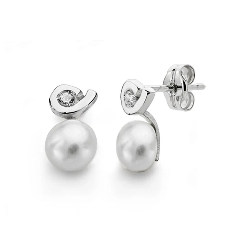 Pendientes oro blanco 18k perlas 6mm. circonitas [AA0237]