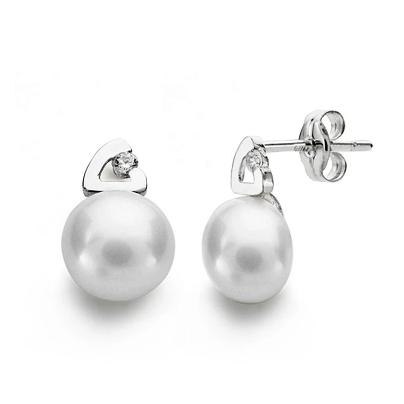 Pendientes oro blanco 18k perlas 7mm. circonitas [AA0238]