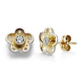 Pendientes oro 18k bicolor flor circonita 8mm. [AA0282]