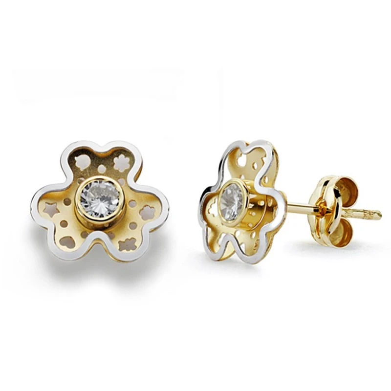 Pendientes oro 18k bicolor trébol circonita 9mm. [AA0283]