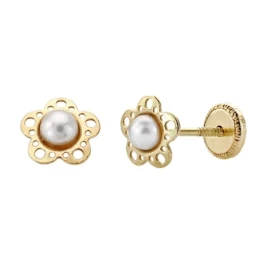 Pendientes oro 18k niña flor perlita [AA0313]