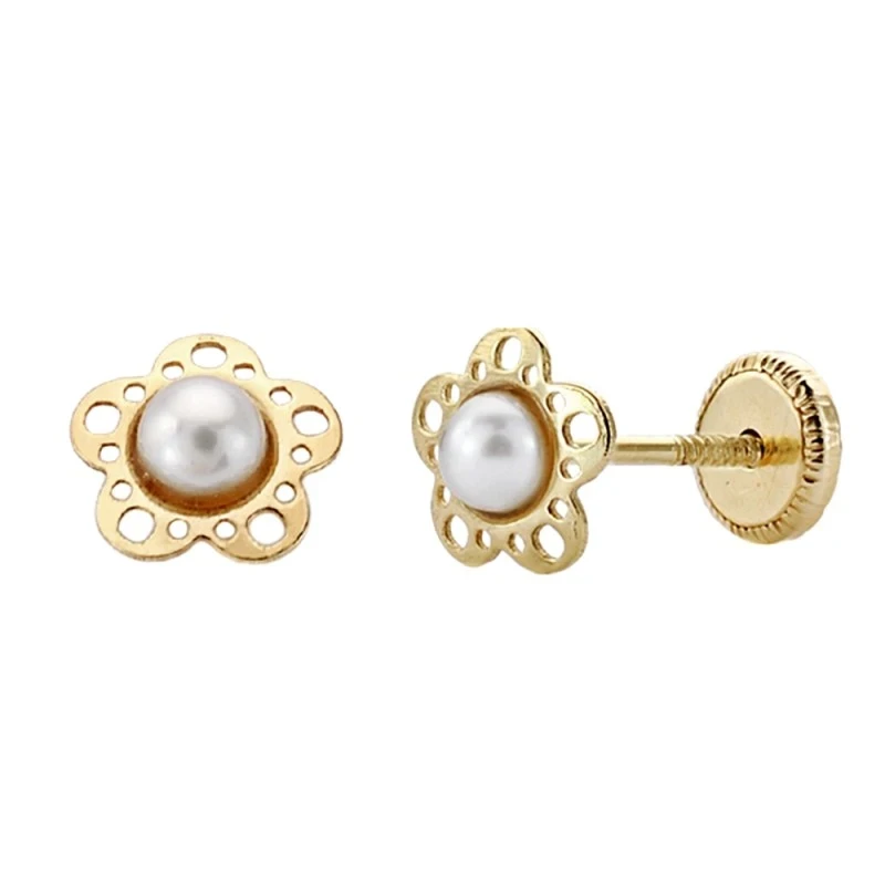 Pendientes oro 18k niña flor perlita [AA0313]