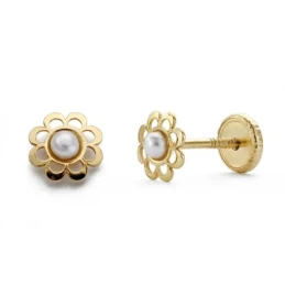 Pendientes oro 18k niña flor perlita [AA0315]