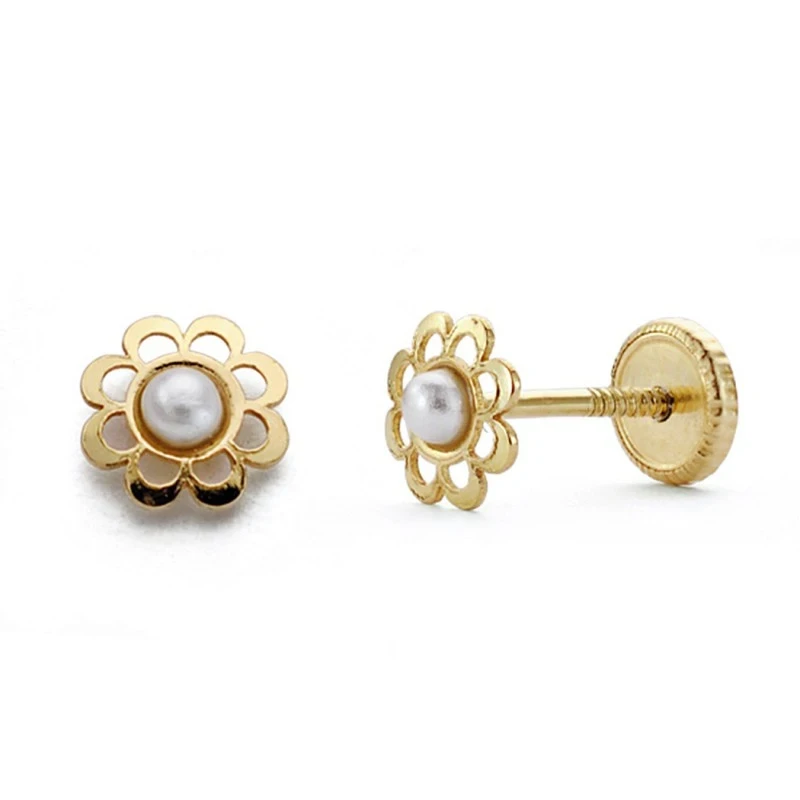 Pendientes oro 18k niña flor perlita [AA0315]