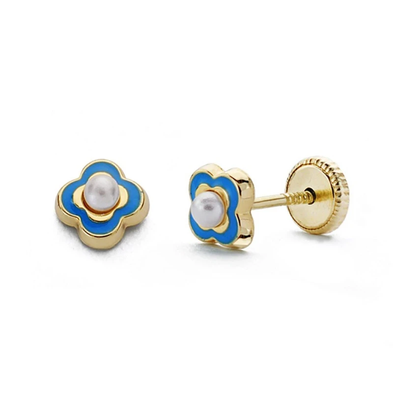 Pendientes oro 18k perla esmalte azul 5mm. [AA0330]