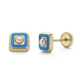 Pendientes oro 18k perla esmalte azul 5mm. [AA0334]