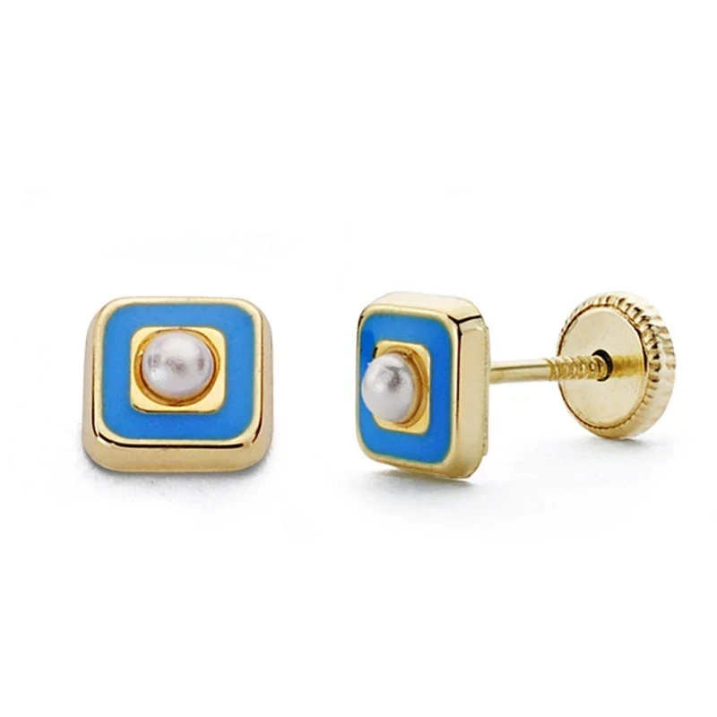 Pendientes oro 18k perla esmalte azul 5mm. [AA0334]